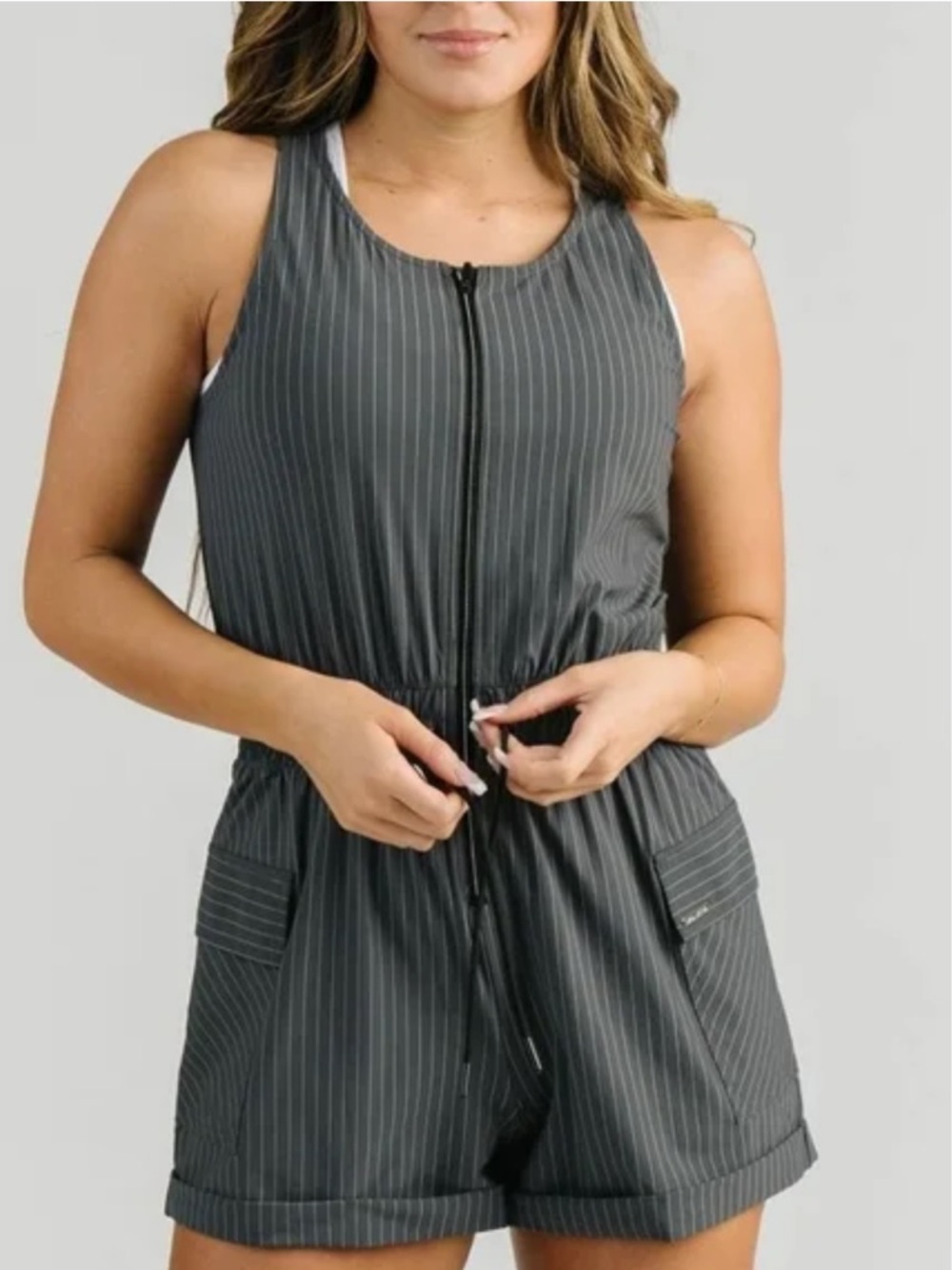 Zyia Active Gray Pinstripe LA Jolla Romper